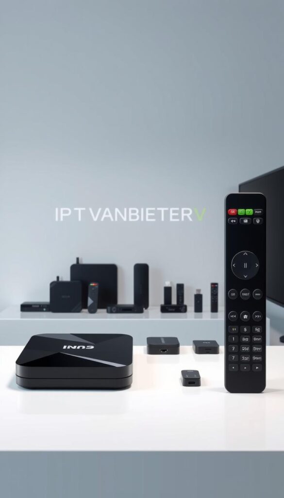 A sleek, modern display showcasing a variety of IPTV devices and platforms. In the foreground, a high-end Android TV box and a smart TV remote stand prominently, their sleek designs and advanced features hinting at the cutting-edge technology within. In the middle ground, a selection of streaming dongles and smaller set-top boxes are neatly arranged, each representing the diverse range of IPTV solutions available. The background features a minimalist, technologically-inspired environment, with clean lines and a subtle gradient setting the tone. The IPTVANBIETERTV brand name is subtly integrated into the scene, reflecting the quality and reliability of the products on display.