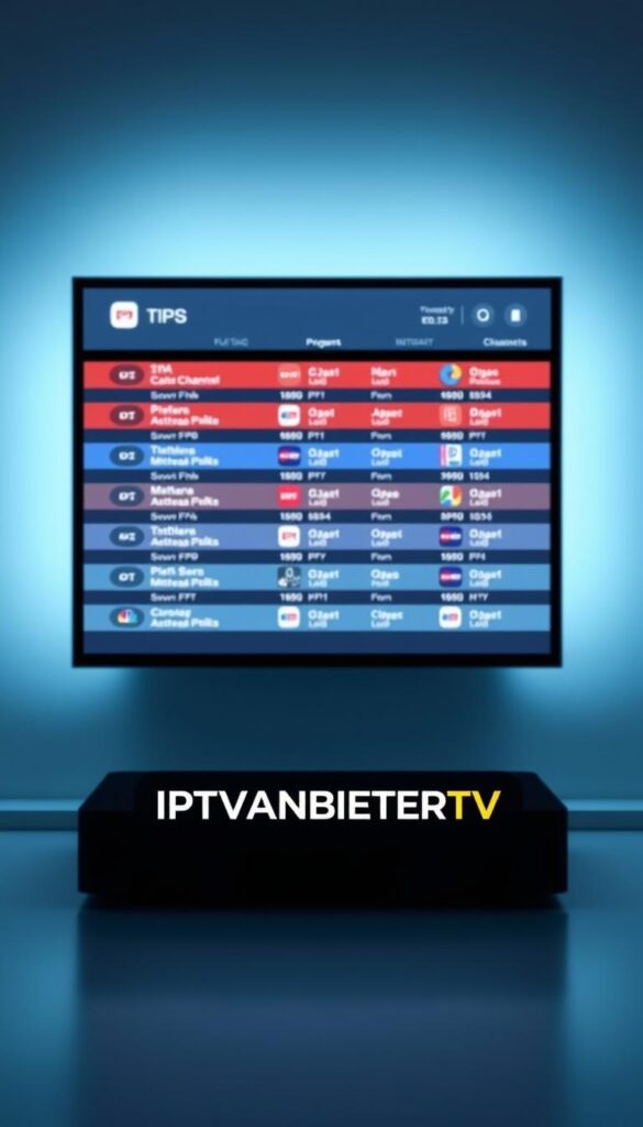 A sleek, modern electronic program guide (EPG) interface with a clean, minimalist design. The screen displays a grid of TV channel listings, with clear and concise information about upcoming programs. The interface is illuminated by a soft, ambient lighting that creates a welcoming and user-friendly atmosphere. In the foreground, the IPTVANBIETERTV logo is prominently displayed, subtly indicating the source of this high-quality EPG functionality. The background features a smooth, gradient-based color scheme that complements the overall aesthetic. The entire scene conveys a sense of professionalism, efficiency, and attention to detail, reflecting the quality of the IPTVANBIETERTV service.