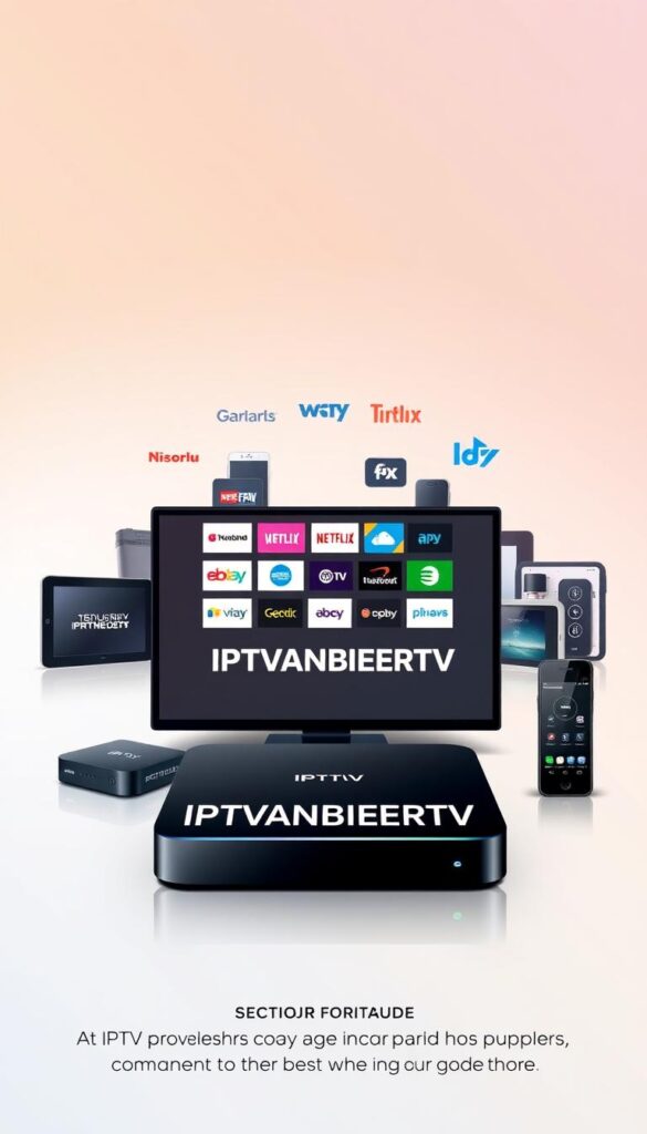 A sleek, modern illustration depicting the comparison of various IPTV providers. In the foreground, a clean, minimalist display showcases the IPTVANBIETERTV brand name, surrounded by a grid of different IPTV service logos. The middle ground features a range of smart devices, such as streaming boxes, tablets, and smartphones, all showcasing the compatibility and versatility of the IPTV services. The background is a soft, gradient-based environment, creating a sense of professionalism and high-tech sophistication. The overall composition emphasizes the importance of researching and comparing IPTV providers to find the best fit for one's needs, as highlighted by the section title.