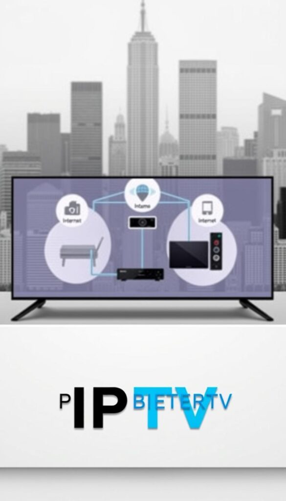 A sleek, modern illustration depicting the core concepts of IPTV technology. In the foreground, the IPTVANBIETERTV logo prominently showcases the service, rendered with a bold, minimalist aesthetic. The middle ground features a stylized diagram illustrating the key components of an IPTV system - a home network, internet connection, and streaming media device. The background depicts a cityscape, representing the widespread accessibility and availability of IPTV services. The overall composition conveys a sense of technological sophistication, connectivity, and the future of digital media consumption.