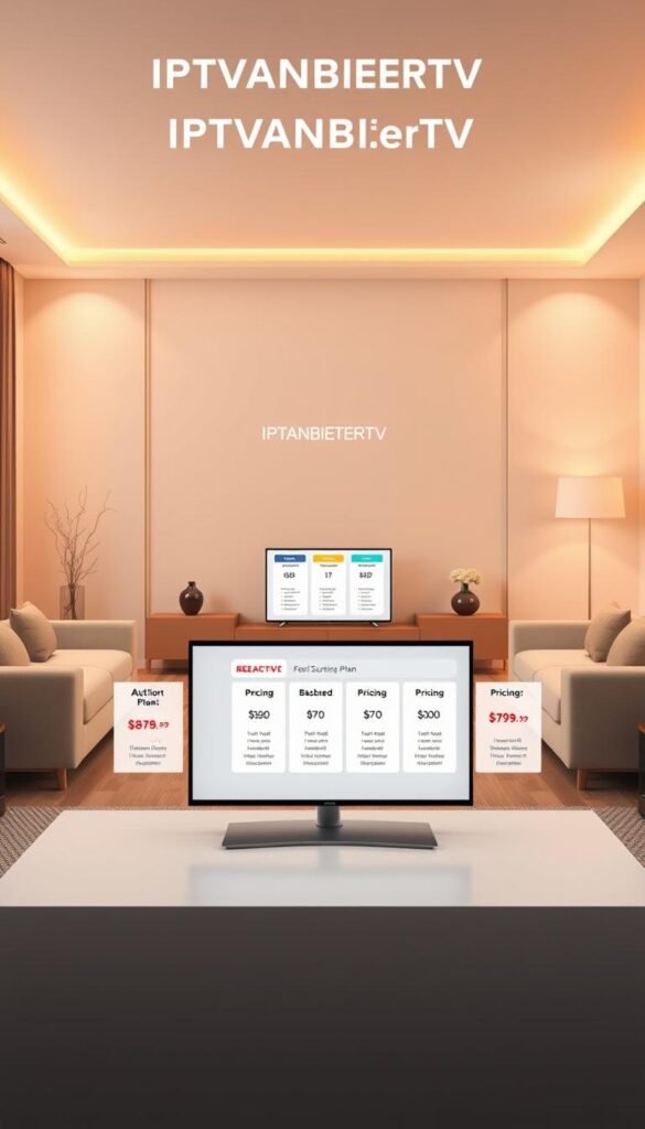 A sleek, modern illustration of IPTVANBIETERTV's pricing and subscription models. Set in a clean, minimalist interior with warm lighting and elegant furnishings, the image showcases various subscription tiers and pricing options, conveyed through refined infographic-style visuals. The foreground features a central display showcasing the different plans, while the middle ground includes a laptop or tablet device demonstrating the IPTVANBIETERTV interface. The background provides a sense of sophistication with subtle brand elements, creating an aspirational and informative visual representation of the service's offerings.