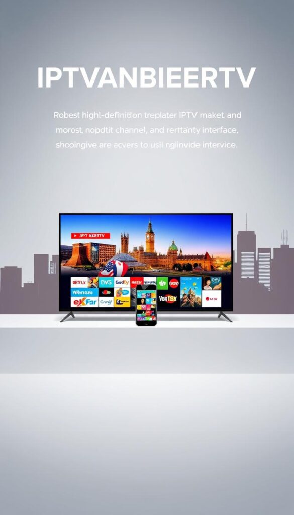 A sleek, modern illustration of the IPTVANBIETERTV brand, showcasing its high-quality IPTV service in Germany. A minimalist design with a clean, crisp aesthetic. In the foreground, a smart TV displays a vivid, high-definition entertainment experience, reflecting the robust channel lineup and user-friendly interface. In the middle ground, a smartphone and tablet demonstrate the multidevice connectivity, allowing seamless access to IPTV content across various devices. The background features a stylized cityscape, hinting at the nationwide coverage and reliability of the IPTVANBIETERTV network. Soft, diffused lighting creates a professional, authoritative tone, conveying the brand's expertise and trustworthiness in the German IPTV market.