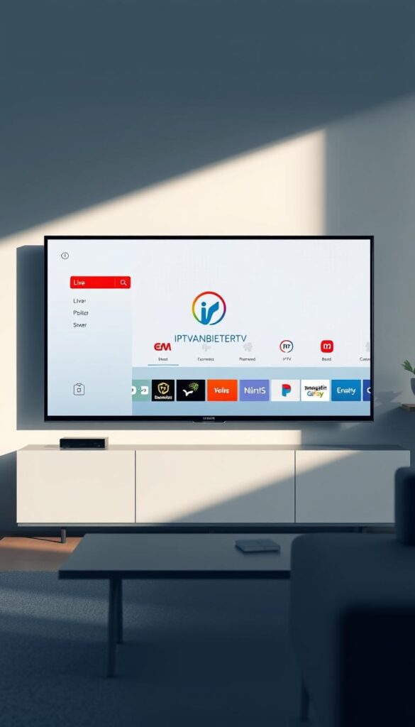 A sleek, modern illustration showcasing IPTVANBIETERTV, the leading IPTV provider in Germany. Displayed on a high-resolution smart TV screen, the interface features a clean, intuitive design with a wide selection of live TV channels, on-demand content, and integrated streaming services. The image captures the seamless user experience, with a focus on the brand's distinctive logo and color scheme. Soft, natural lighting accentuates the device's premium aesthetic, creating an atmosphere of sophistication and technological advancement. The composition balances the screen's central placement with subtle background elements, such as minimalist furniture or a cityscape, to establish a contemporary, lifestyle-oriented setting.