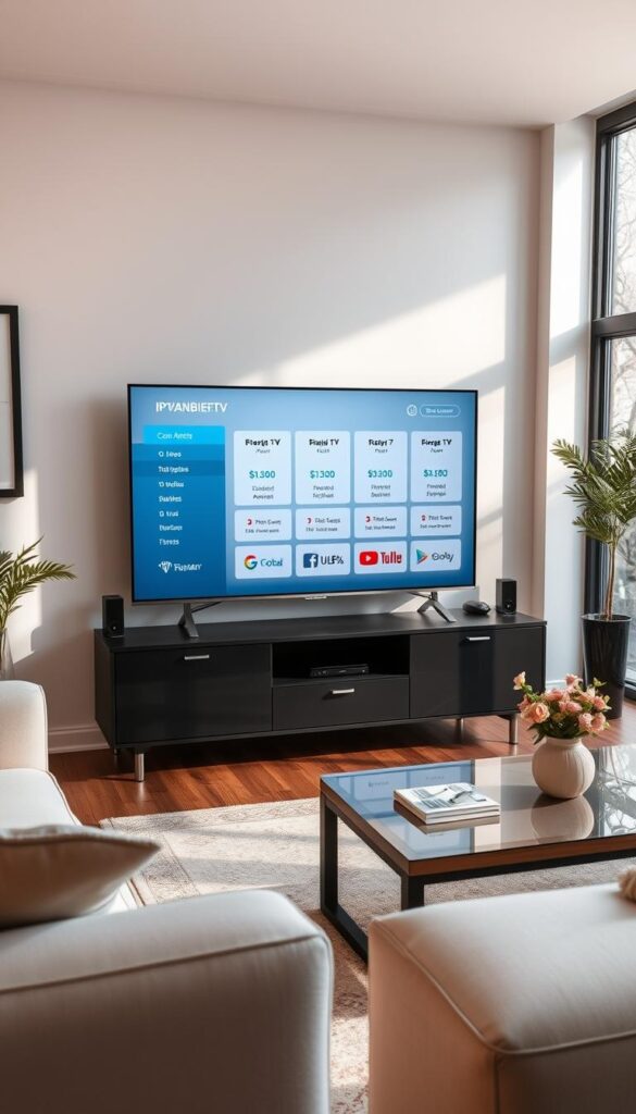 A sleek, modern image of IPTVANBIETERTV's IPTV service with recording capabilities. Set in a tasteful living room, the frame captures a flat-screen TV displaying a clean, intuitive user interface showcasing the service's various pricing tiers and package options. Soft, natural lighting filters through large windows, creating a warm, inviting atmosphere. The composition balances the TV as the focal point with subtle details like a stylish media center and complementary home decor. The overall impression is one of sophistication, functionality, and a premium IPTV experience.