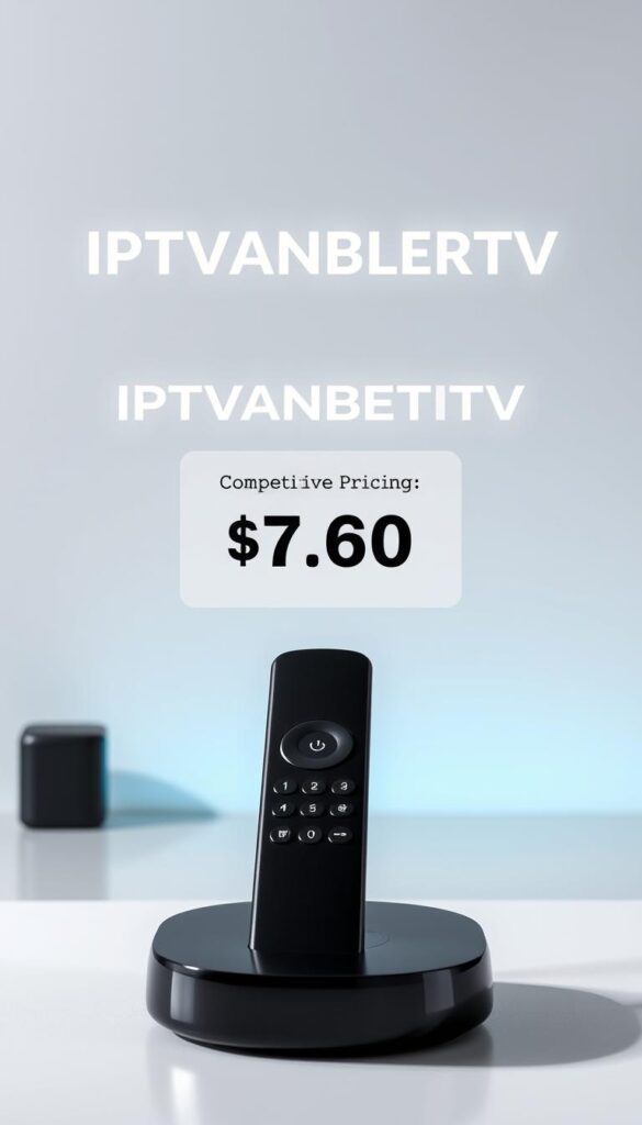 A sleek, modern image showcasing the IPTVANBIETERTV brand and its attractive pricing options. Set against a minimalist background, the main focus is a high-quality, glossy product shot of a streaming device or remote control, captured from a slightly elevated angle with soft, directional lighting that accentuates its elegant design. In the middle ground, display a simple, clean infographic highlighting the competitive pricing and value proposition, using a color palette that complements the device's aesthetic. In the background, include subtle visual cues that evoke the idea of entertainment and home media, such as abstract shapes or patterns suggestive of audio waves or television screens. Convey a sense of sophistication, affordability, and the overall appeal of the IPTVANBIETERTV service.