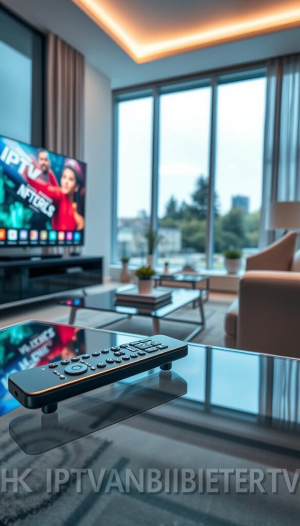 A sleek, modern image showcasing the "IPTVANBIETERTV" brand as the top IPTV provider for streaming in the US. The scene depicts a living room setup with a high-end, 4K television displaying vibrant, crisp imagery. In the foreground, a minimalist, silver remote control rests on a glass coffee table, subtly highlighting the ease of use. The middle ground features a contemporary, light-colored sofa and complementary decor, creating a comfortable, inviting atmosphere. The background showcases large windows, allowing natural light to flood the space and adding a sense of openness. The overall mood is one of sophistication, technological advancement, and a premium streaming experience.