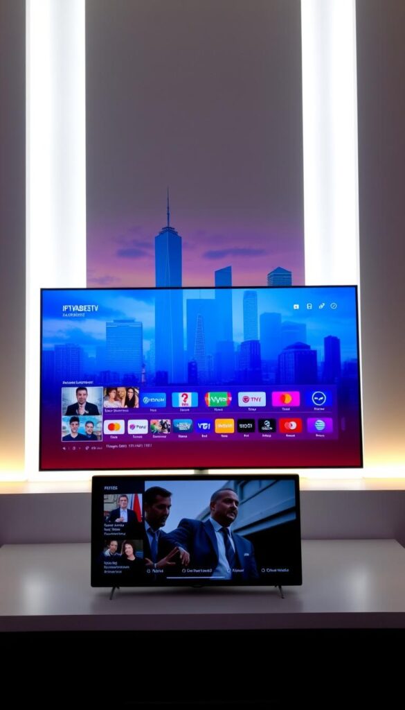 A sleek, modern interface showcasing the IPTVANBIETERTV platform, with a clean and intuitive layout. The foreground features a large, high-definition video player, flanked by thumbnails of various on-demand content. The middle ground presents an array of channel icons, neatly organized and easily navigable. The background depicts a subtle, minimalist cityscape, with towering skyscrapers and a vibrant, colorful sky, conveying a sense of urban sophistication. Soft, diffused lighting creates a warm, inviting atmosphere, highlighting the user-friendly experience of the IPTVANBIETERTV service.