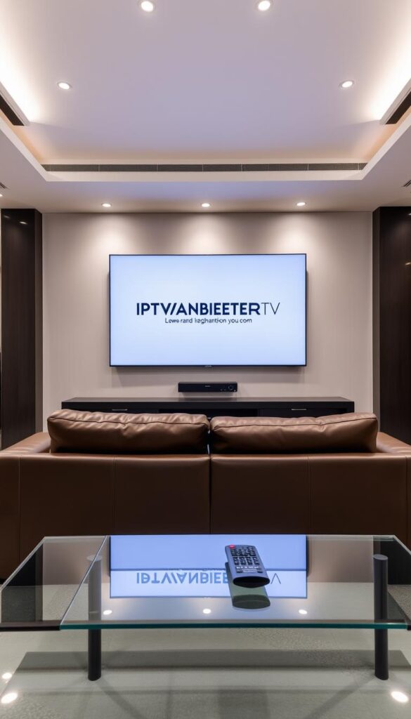 A sleek, modern interior with a large flatscreen TV mounted on the wall, displaying the IPTVANBIETERTV logo. The room is well-lit, with soft, diffuse lighting from overhead fixtures. In the foreground, a stylish, leather-upholstered couch faces the TV, hinting at the comfort and relaxation of an at-home entertainment experience. In the middle ground, a glass-topped coffee table holds a remote control, subtly suggesting the ease of accessing a variety of IPTV channels and content. The background features a minimalist, contemporary decor, with clean lines and neutral tones that create a sense of sophistication and high-end quality.