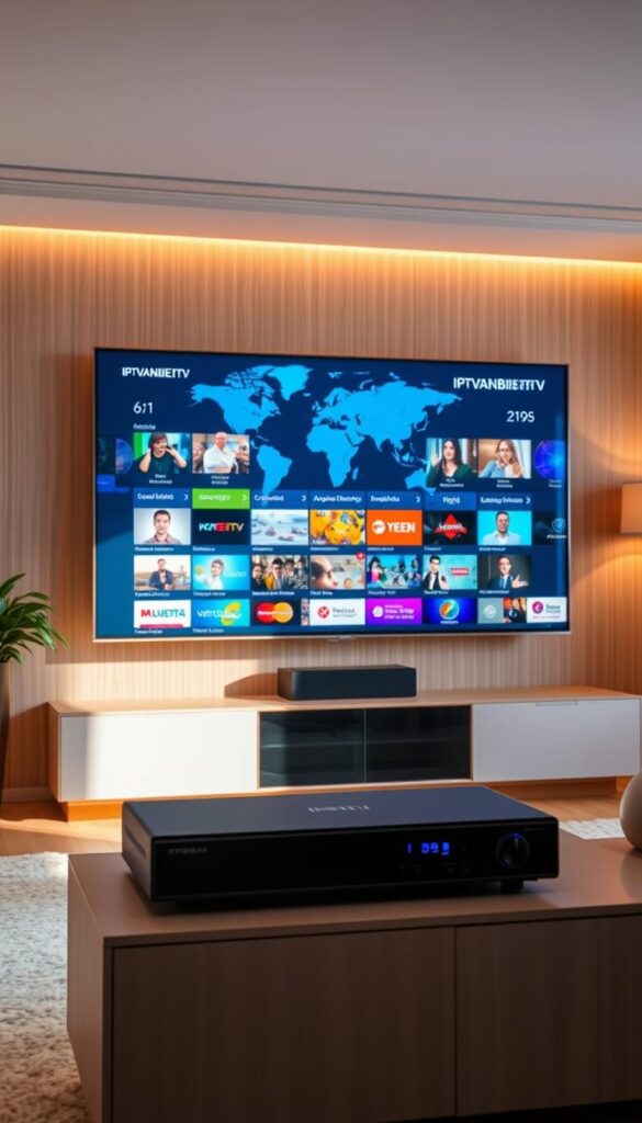 A sleek, modern interior with a large flatscreen TV prominently displayed. The TV screen shows a vibrant, diverse array of international channels and content, representing the global reach of the IPTVANBIETERTV service. The room is bathed in warm, soft lighting, creating a cozy, inviting atmosphere. In the foreground, a stylish media center or entertainment system houses the IPTV hardware, seamlessly integrating technology into the space. The overall scene conveys a sense of high-quality, reliable IPTV services catering to discerning viewers seeking a premium home entertainment experience.