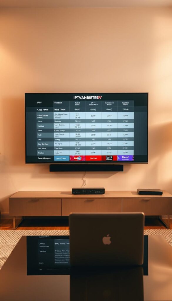 A sleek, modern interior with a large, high-definition television mounted on the wall. The TV screen displays a comparison of various IPTV provider tariffs, showcasing their offerings, prices, and features in a clean, organized layout. The room is bathed in warm, diffused lighting, creating a cozy and inviting atmosphere. In the foreground, a stylish coffee table holds a laptop and remote control, hinting at the seamless integration of technology in the home. The overall scene conveys a sense of informative and visually appealing exploration of IPTV options, embodied by the brand "IPTVANBIETERTV" prominently displayed on the TV screen.