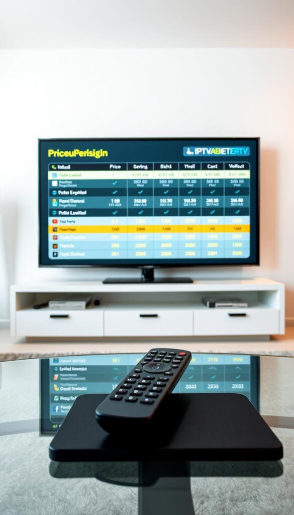 A sleek, modern interior with a large, high-definition television screen prominently displayed. The screen showcases a comprehensive price comparison of various IPTV service providers, presented in a clean, intuitive layout. The room is illuminated by soft, diffused lighting, creating a warm and inviting atmosphere. In the foreground, a sophisticated IPTVANBIETERTV remote control sits on a minimalist, glass-topped coffee table, hinting at the seamless integration of technology into the living space. The overall composition conveys a sense of transparency, with the IPTV pricing information accessible and easy to navigate, reflecting the section title "Preisübersicht: Transparente IPTV Pakete für jeden Bedarf".