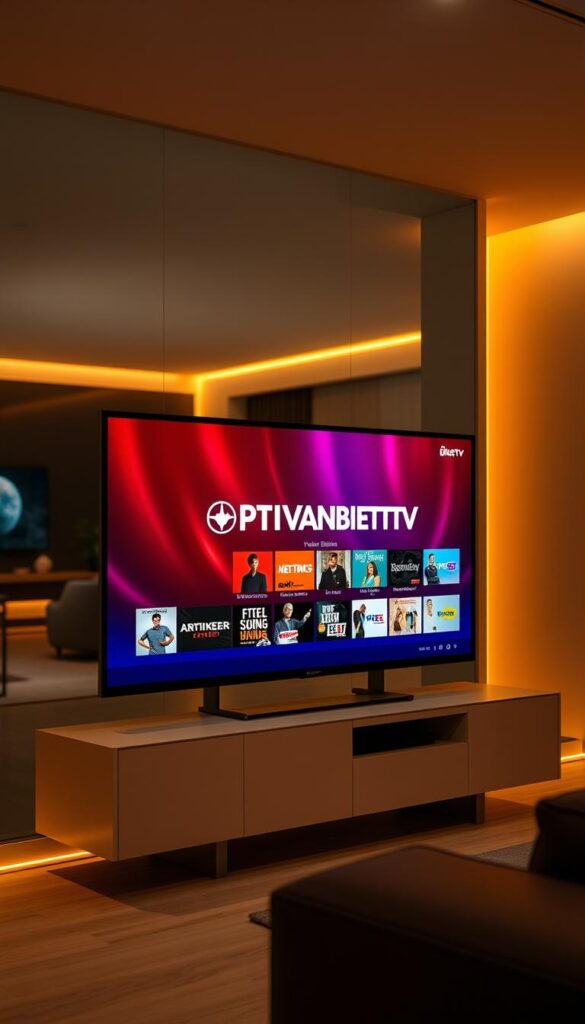 A sleek, modern interior with a large, high-definition television screen prominently displayed. The screen shows a vibrant, dynamic interface featuring the IPTVANBIETERTV brand logo, showcasing a wide selection of on-demand video content. Warm, indirect lighting illuminates the room, creating a cozy and inviting atmosphere. The television is situated on a minimalist, floating media console, with clean lines and a subtle, elegant design. The background features a blurred, out-of-focus view of a modern, open-concept living space, hinting at the seamless integration of IPTVANBIETERTV's VOD services into a contemporary home environment.