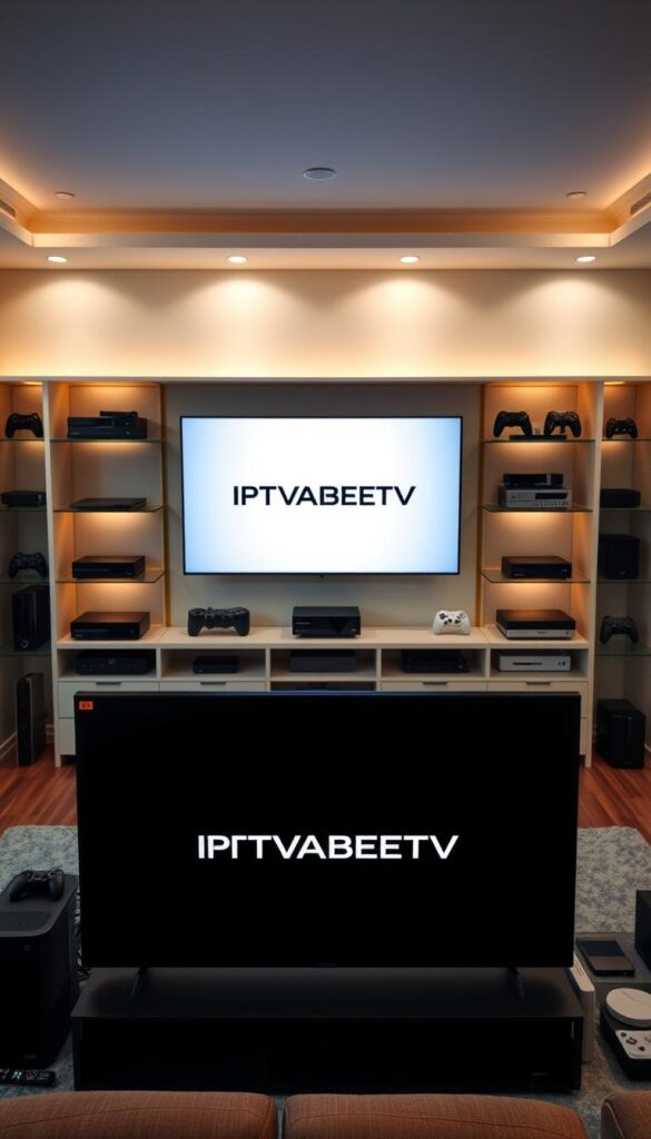 A sleek, modern interior with a minimalist design showcasing various streaming devices and smart TVs. In the foreground, a large flatscreen IPTVANBIETERTV display prominently features the brand logo, surrounded by a range of remote controls, gaming consoles, and set-top boxes. The middle ground features a clean, well-organized entertainment center with ample storage space. The background is bathed in warm, soft lighting, creating a cozy and inviting atmosphere. The scene conveys the versatility and compatibility of IPTVANBIETERTV's service, catering to a wide array of devices and user preferences.
