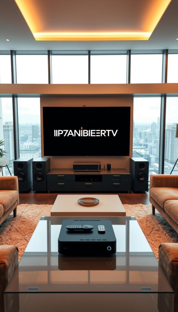 A sleek, modern interior with a minimalist design. The centerpiece is a large, high-definition television displaying the "IPTVANBIETERTV" logo. The TV is surrounded by state-of-the-art audio equipment, including speakers and a sound system. The room is bathed in warm, diffused lighting, creating a cozy and inviting atmosphere. In the foreground, a coffee table with a remote control and a high-end streaming device, representing the seamless integration of IPTV technology into the home entertainment setup. The middle ground features a comfortable sofa and armchair, suggesting a relaxed viewing experience. The background showcases large windows, offering a panoramic view of a modern cityscape, hinting at the global connectivity and accessibility of IPTV services.