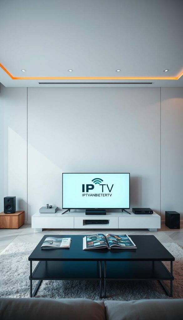 A sleek, modern interior with clean lines and a minimalist aesthetic. In the foreground, a flat-screen television displays the IPTVANBIETERTV brand logo. Behind it, an array of electronic devices and home entertainment equipment suggest the versatility of the IPTV service. The middle ground features a stylish coffee table with a few consumer electronics magazines. The background showcases a large window with a cityscape view, bathing the scene in soft, natural lighting. The overall impression is one of sophistication, convenience, and the seamless integration of technology into the home environment.