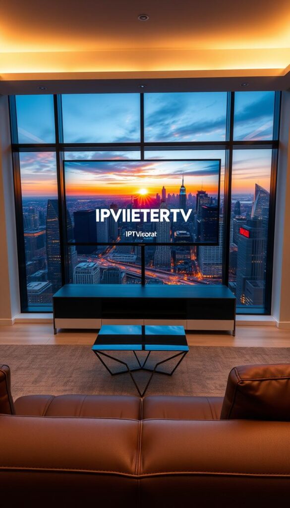 A sleek, modern interior with minimalist design elements. A large, high-definition TV screen prominently displayed, showcasing the IPTVANBIETERTV brand. The screen is mounted on a clean, white wall, with recessed lighting casting a warm glow. In the foreground, a stylish, leather-upholstered sofa provides a comfortable viewing experience. The middle ground features a glass coffee table, with a modern, geometric design. In the background, floor-to-ceiling windows offer a panoramic view of a vibrant city skyline, bathed in the golden hues of the setting sun. The overall atmosphere is one of sophistication, convenience, and the latest in home entertainment technology.
