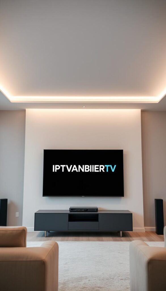 A sleek, modern interior with minimalist design showcases a large, high-definition television displaying the IPTVANBIETERTV logo. The room is bathed in soft, diffused lighting, creating a cozy and inviting atmosphere. The television is prominently positioned, suggesting its central role in the space. The background features clean, neutral-toned walls and a modern, uncluttered layout, allowing the television to be the focal point. The overall scene conveys a sense of quality, reliability, and a seamless entertainment experience, reflecting the reputation of IPTVANBIETERTV as a premier IPTV provider in Germany.