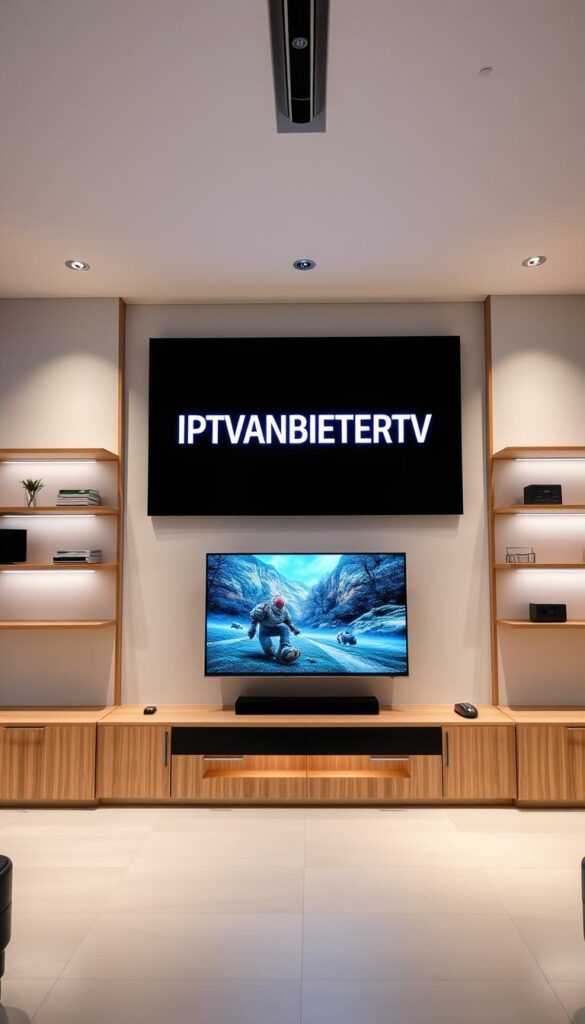 A sleek, modern interior with minimalist design showcasing the latest IPTV technology. Prominent display of the brand "IPTVANBIETERTV" in a clean, sans-serif typeface. Large screen displaying crisp, high-definition video content. Surrounding shelves and cabinets in warm, natural wood tones, complemented by subtle accent lighting. The overall scene conveys a sense of cutting-edge innovation and user-friendly connectivity, capturing the essence of IPTV in Germany.