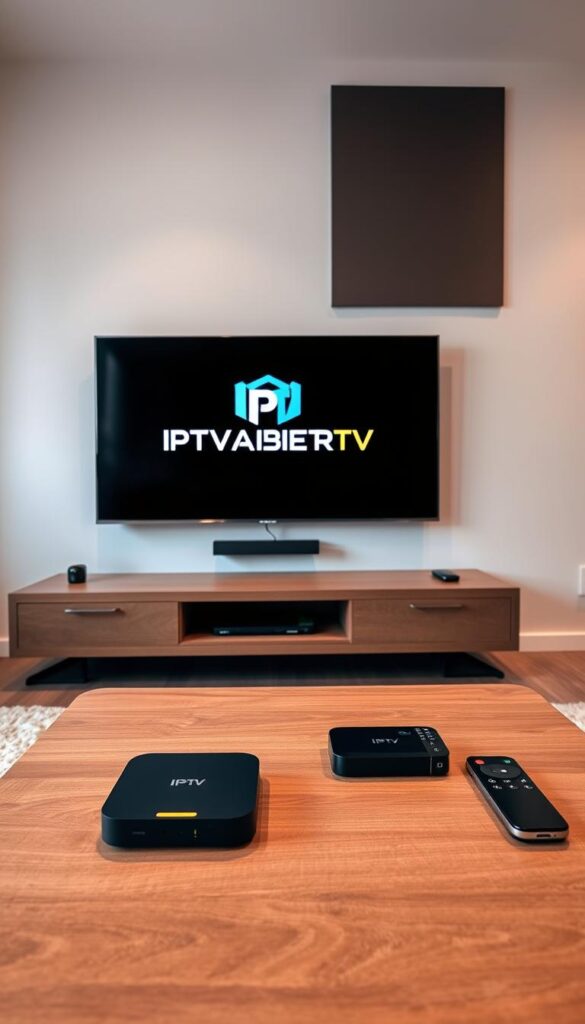 A sleek, modern living room setup featuring a large flat-screen TV mounted on the wall. On the TV screen, the IPTVANBIETERTV logo is prominently displayed, indicating the compatibility of this device with the IPTV service. In the foreground, various IPTV-enabled devices such as a streaming box, smart TV remote, and smartphone are arranged neatly on a minimalist wooden coffee table, showcasing the wide range of compatible hardware. Soft, diffused lighting creates a warm, inviting atmosphere, while the background features clean, contemporary decor with muted tones, allowing the IPTV-related elements to take center stage.