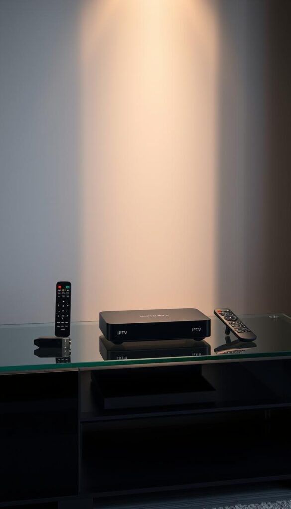 A sleek, modern living room setup, showcasing an array of IPTV devices prominently displayed on a minimalist, glass-topped entertainment center. The devices, including a stylish IPTVANBIETERTV set-top box, streaming dongles, and remote controls, are bathed in warm, directional lighting, casting subtle shadows that accentuate their clean lines and premium materials. The background features a neutral, gray wall, providing a simple, uncluttered backdrop to highlight the technological focus of the scene. The overall composition exudes a sense of sophistication and functionality, appealing to the target audience's desire for a seamless IPTV experience.