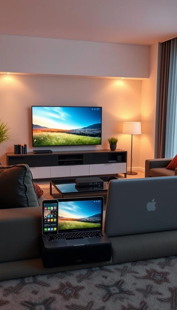 A sleek, modern living room showcases a variety of electronic devices, including a smart TV, laptop, tablet, and smartphone, all seamlessly connected through a sophisticated IPTVANBIETERTV system. The room is bathed in warm, ambient lighting, creating a cozy and inviting atmosphere. The devices are arranged in a visually appealing layout, highlighting the seamless integration of IPTV technology across multiple platforms. The scene conveys a sense of technological sophistication and versatility, perfectly capturing the essence of "IPTV auf verschiedenen Geräten".