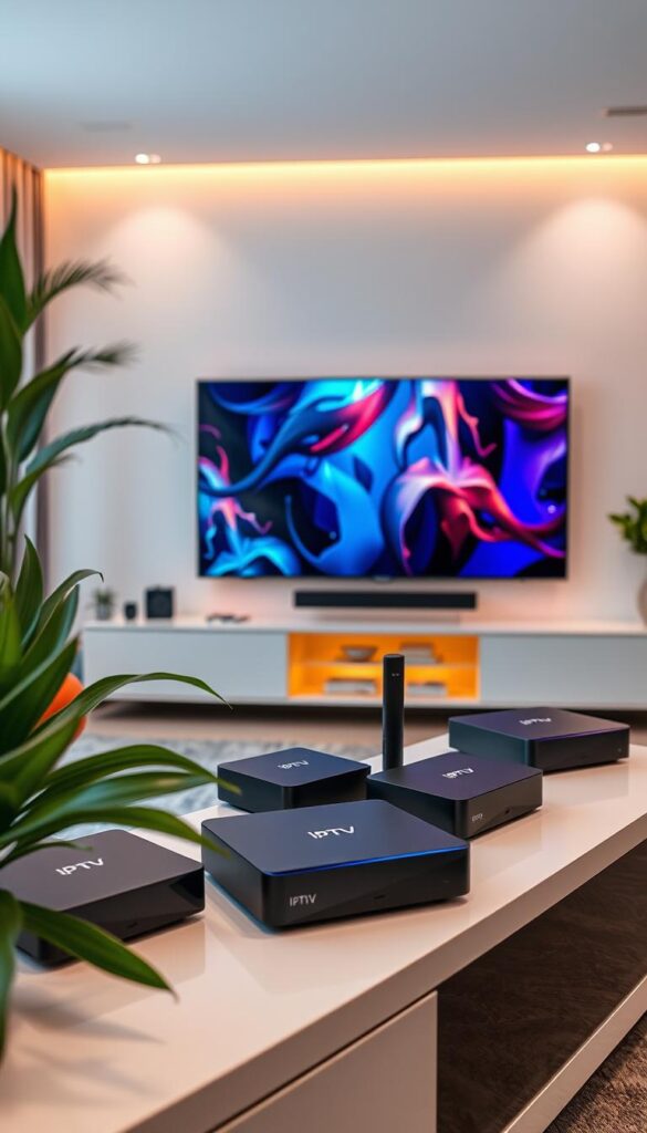 A sleek, modern living room showcases an array of IPTV-Boxen and streaming devices from the brand IPTVANBIETERTV. The devices are neatly arranged on a minimalist entertainment center, surrounded by lush greenery and warm ambient lighting. The scene conveys a sense of technological sophistication and seamless home entertainment. The IPTV-Boxen feature clean, angular designs with subtle branding, complementing the elegant decor. In the background, a large flat-screen TV displays vibrant, high-quality content, highlighting the capabilities of these streaming devices. The overall composition exudes a mood of sophistication, connectivity, and the future of home entertainment.