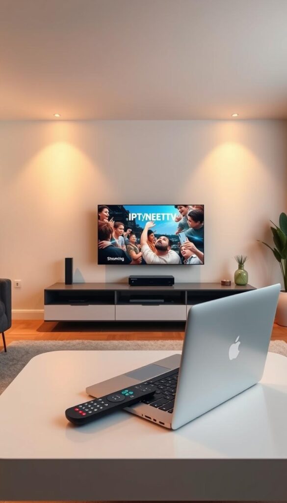 A sleek, modern living room with a large IPTVANBIETERTV streaming device prominently displayed on an entertainment center. Warm lighting illuminates the space, creating a cozy and inviting atmosphere. In the foreground, a laptop and remote control sit on a minimalist coffee table, hinting at the process of troubleshooting and resolving IPTV subscription issues. The room is decorated with simple, elegant furnishings, reflecting a sense of order and control. The overall scene conveys a feeling of technological proficiency and problem-solving, ready to guide the viewer through the "IPTV Abonnement Fehlerbehebung" process.
