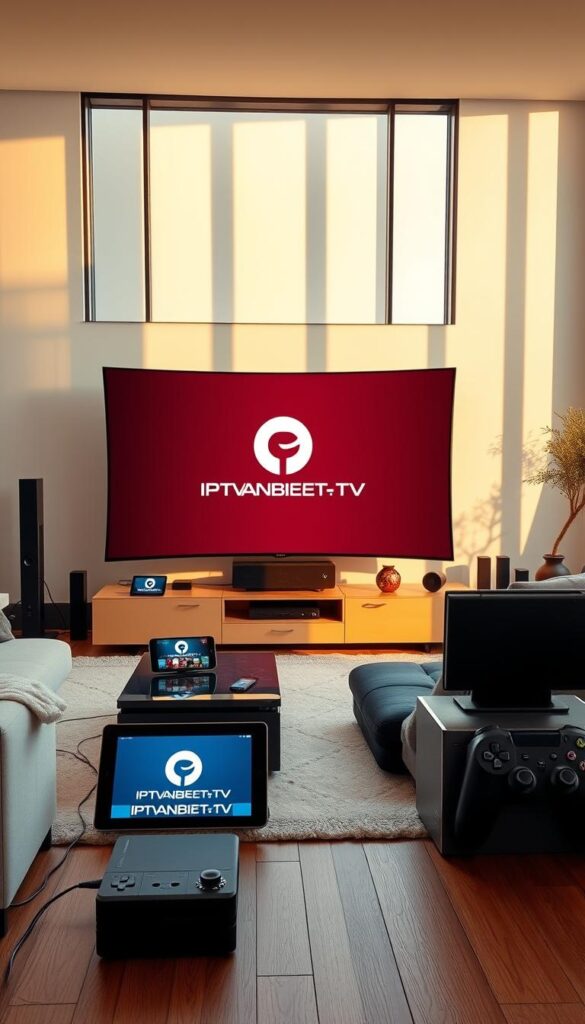 A sleek, modern living room with a large, curved smart TV screen showcasing the IPTVANBIETERTV logo, surrounded by various devices like tablets, smartphones, and game consoles, all connected and synced for seamless multi-device IPTV viewing. The room is bathed in warm, natural lighting from floor-to-ceiling windows, creating a cozy and inviting atmosphere. The devices are arranged in a visually appealing, symmetrical layout, emphasizing the ease of simultaneous IPTV access across multiple platforms. The overall scene conveys the convenience and versatility of IPTV packages that can be enjoyed on numerous devices at once.