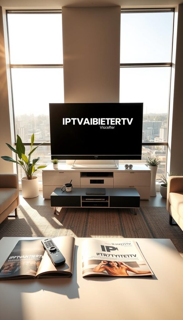 A sleek, modern living room with a large flat-screen TV displaying the IPTVANBIETERTV logo. Sunlight streams in through large windows, creating a warm, inviting atmosphere. The room is adorned with minimalist furniture, clean lines, and a neutral color palette, emphasizing the focus on the TV. In the foreground, a coffee table with remote controls and a magazine highlighting the benefits of IPTV over traditional cable TV. The middle ground features potted plants and a modern entertainment system, while the background showcases a cityscape visible through the windows, hinting at the wider world of content available through IPTV. The lighting is soft and natural, creating a sense of comfort and relaxation.
