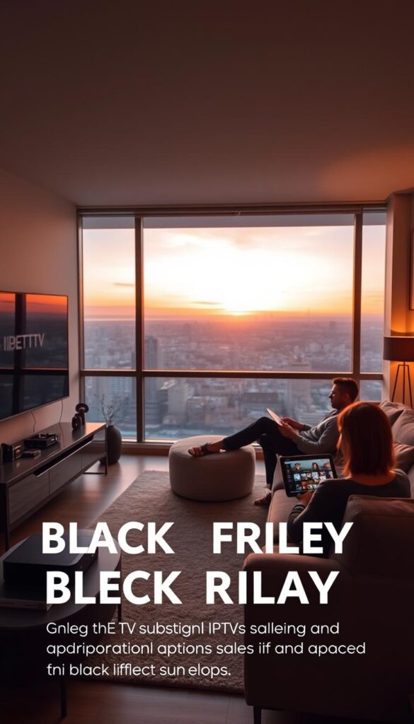 A sleek, modern living room with a large flat-screen TV mounted on the wall. In the foreground, a black entertainment unit holds various streaming devices, including the IPTVANBIETERTV IPTV box, surrounded by minimalist decor. The room is bathed in warm, soft lighting, creating a cozy, inviting atmosphere. The middle ground features a comfortable sofa and armchair, where a person is relaxing and browsing IPTV deals on a tablet. In the background, a large window overlooks a cityscape, with the sky turning orange and pink as the sun sets, hinting at the approaching Black Friday sales. The overall scene conveys a sense of relaxation, technology, and the anticipation of great IPTV subscription deals.