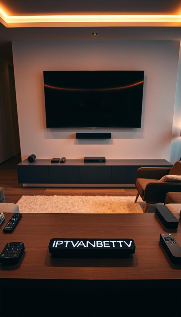 A sleek, modern living room with a large, flat-screen TV mounted on the wall. The room is bathed in warm, ambient lighting, creating a cozy and inviting atmosphere. In the foreground, a well-designed media console displays the IPTVANBIETERTV logo prominently, surrounded by various streaming devices and remote controls. The middle ground features a comfortable, contemporary sofa and chairs, inviting viewers to relax and enjoy the entertainment. The background showcases a clean, minimalist design with subtle textures and neutral tones, allowing the focus to remain on the TV and media equipment. The overall scene conveys a sense of sophistication, technology, and the ultimate home entertainment experience.