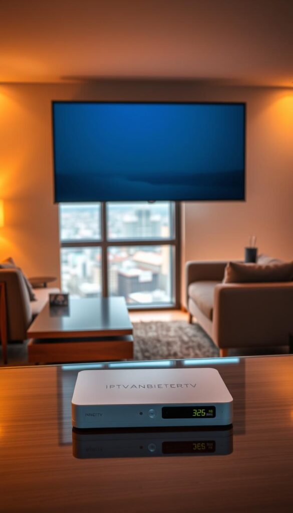 A sleek, modern living room with a large flat-screen TV mounted on the wall. The room is bathed in warm, ambient lighting, creating a cozy atmosphere. In the foreground, a high-end streaming device labeled "IPTVANBIETERTV" sits prominently on a minimalist, wood-and-glass entertainment center. The device's design is clean and elegant, reflecting its premium quality. The middle ground features a comfortable sofa and armchair, inviting viewers to relax and enjoy the content. The background showcases a large window overlooking a cityscape, providing a scenic backdrop. The overall composition conveys a sense of sophistication and technological integration, perfectly suited for an article on legal IPTV providers in Germany.