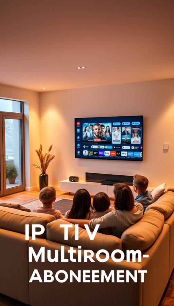 A sleek, modern living room with a large flat-screen TV mounted on the wall. The room is bathed in warm, diffused lighting, creating a cozy and inviting atmosphere. In the foreground, a family is gathered on a plush, L-shaped sofa, enjoying the IPTV Multiroom-Abonnement from IPTVANBIETERTV. The TV displays a crisp, high-definition image, showcasing the wide range of channels and entertainment options available. The room is decorated with minimalist, contemporary furnishings, and large windows allow natural light to flood the space. The overall scene conveys the comfort, convenience, and versatility of the IPTV Multiroom-Abonnement, perfectly complementing the article's subject and section title.