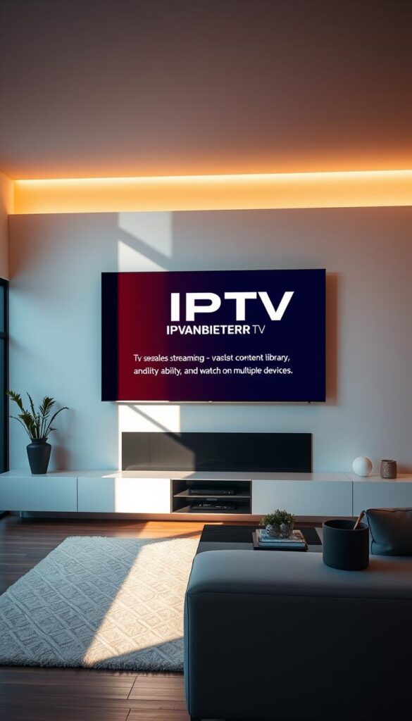 A sleek, modern living room with a large flat-screen TV mounted on the wall. The room is bathed in warm, natural light streaming in through large windows. On the TV screen, a vibrant, high-definition display showcases the IPTVANBIETERTV logo, highlighting the advantages of IPTV over traditional TV services - seamless streaming, a vast content library, and the ability to watch on multiple devices. The room's decor is minimalist and elegant, with clean lines and subtle pops of color, creating a comfortable and inviting atmosphere. The scene conveys the convenience, flexibility, and superior viewing experience offered by IPTV.