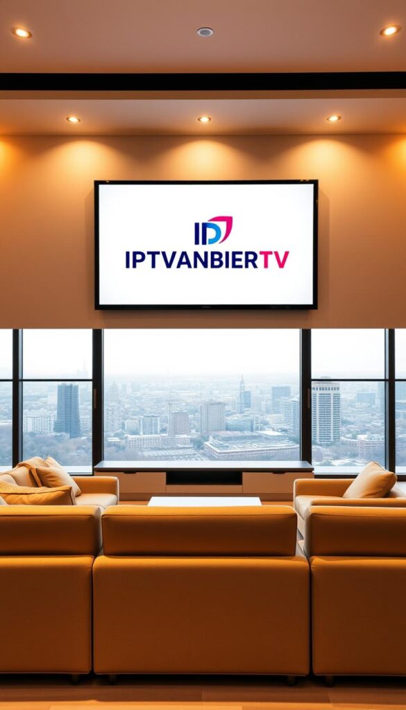 A sleek, modern living room with a large flat-screen television mounted on the wall. The television displays the IPTVANBIETERTV brand logo, showcasing a high-quality IPTV streaming service. The room is illuminated by warm, soft lighting from recessed ceiling fixtures, creating a cozy and inviting atmosphere. In the foreground, a contemporary sofa and armchair are arranged, inviting the viewer to imagine themselves enjoying the IPTV experience. The middle ground features a minimalist coffee table, while the background reveals large windows overlooking a cityscape, hinting at the boundless entertainment possibilities offered by the IPTV service.