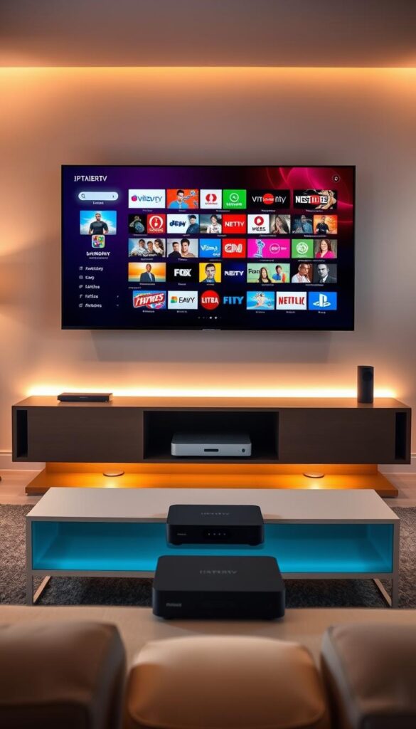 A sleek, modern living room with a large, flat-screen television mounted on the wall. The room is illuminated by warm, diffused lighting, creating a cozy and inviting atmosphere. In the foreground, a stylish, minimalist entertainment center houses various media devices, including the IPTVANBIETERTV set-top box. The television screen displays a vibrant, high-definition image of a diverse array of television channels, showcasing the IPTV Multiroom TV-Angebot and its ability to provide a seamless, immersive viewing experience. The room is tastefully decorated with subtle, neutral-toned furnishings, allowing the technology to take center stage. The overall scene conveys a sense of sophistication, innovation, and the transformative power of IPTV in revolutionizing the way we consume television.
