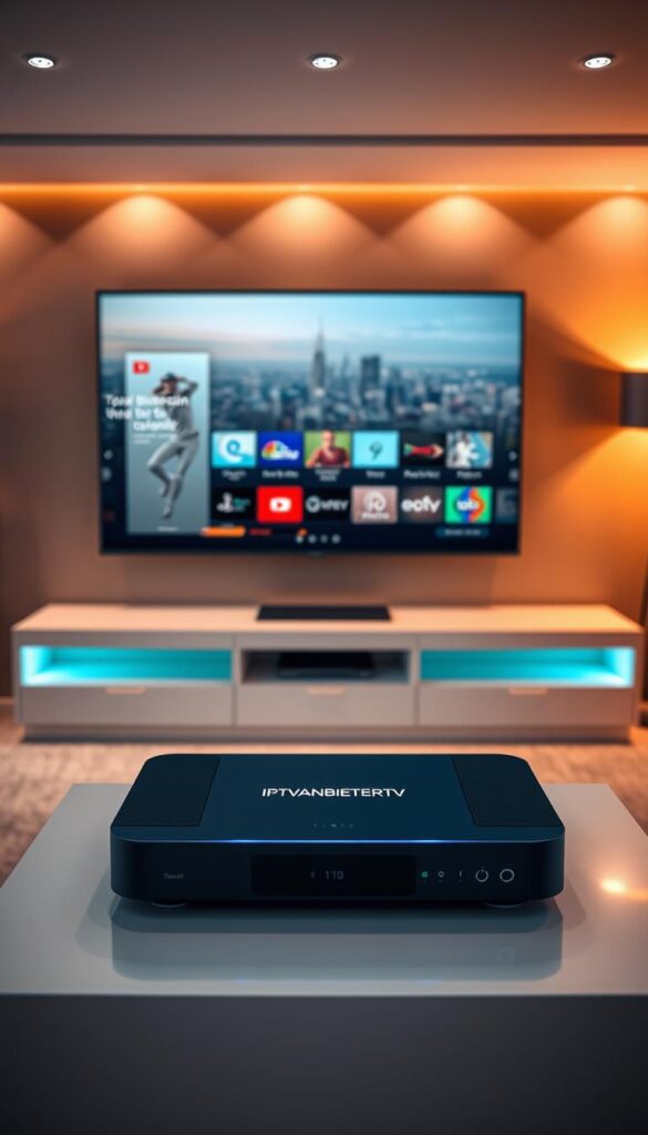 A sleek, modern living room with a large flatscreen TV displaying an expansive IPTV user interface. The room is bathed in warm, diffused lighting from hidden sources, creating a cozy and inviting atmosphere. In the foreground, a high-end streaming media player with the IPTVANBIETERTV logo prominently displayed sits atop a minimalist entertainment center. The background features a large window overlooking a vibrant cityscape, hinting at the wide range of local and international channels available through the service. The overall scene conveys a sense of seamless connectivity, low latency, and an immersive viewing experience.