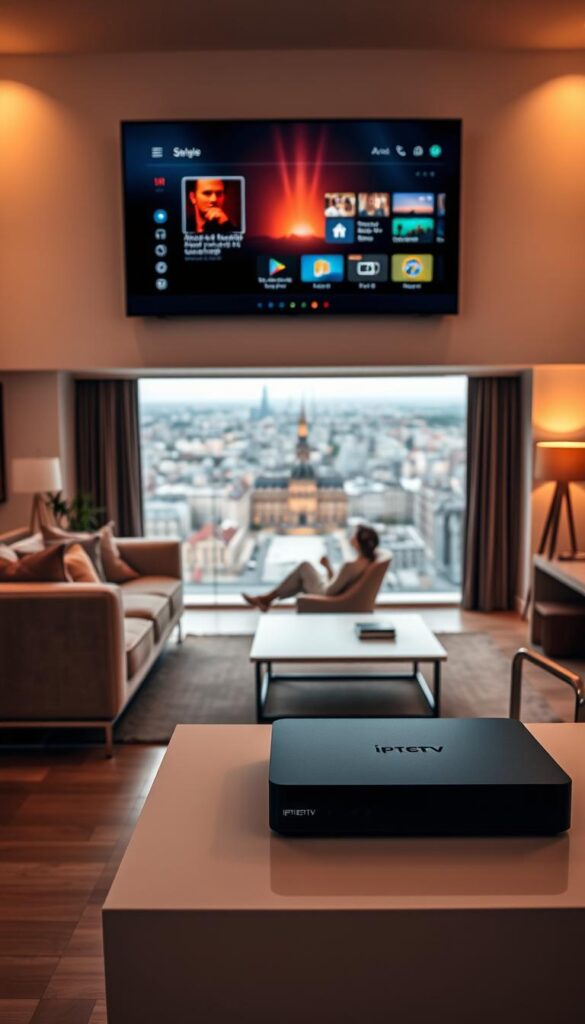 A sleek, modern living room with a large flatscreen TV mounted on the wall, displaying a vibrant, high-definition IPTV interface. The room is bathed in warm, soft lighting, creating a cozy and inviting atmosphere. In the foreground, a high-end media streaming device, the IPTVANBIETERTV, sits elegantly on a minimalist entertainment center, its sleek design complementing the room's aesthetic. The middle ground features a comfortable sofa and armchair, where a person is relaxed and engrossed in the streaming content. The background showcases a panoramic view of a bustling German cityscape, hinting at the versatility and reliability of the IPTV service. The overall scene conveys a sense of seamless, high-quality streaming experience in the comfort of a modern, sophisticated living space.