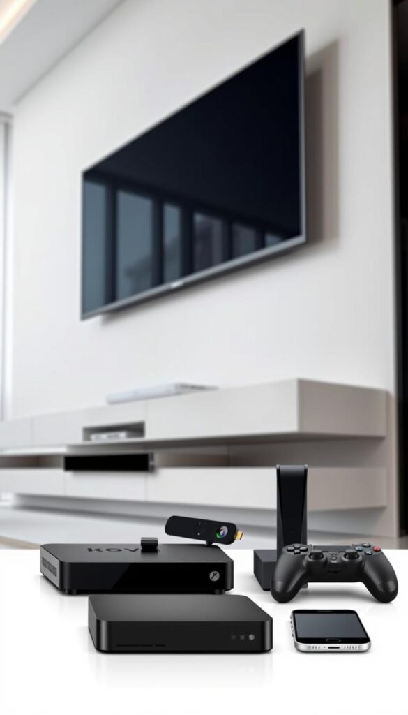 A sleek, modern living room with a large flatscreen TV mounted on the wall. In the foreground, a variety of IPTV-compatible devices are neatly arranged, including a streaming box, gaming console, and smartphone. The devices are displayed against a clean, minimalist backdrop, with subtle lighting highlighting their elegant designs. The overall scene conveys a sense of seamless integration and connectivity, showcasing the wide range of devices that can access the IPTVANBIETERTV service.
