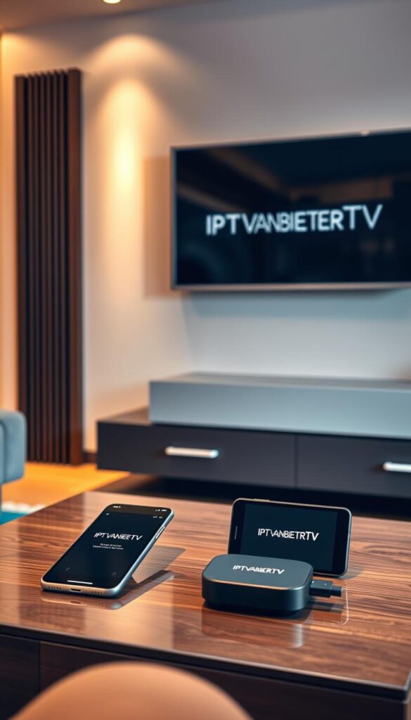 A sleek, modern living room with a large flatscreen TV mounted on the wall. On the coffee table, a smartphone, tablet, and streaming device are arranged, all displaying the IPTVANBIETERTV logo. The room is bathed in warm, soft lighting, creating a cozy, inviting atmosphere. The layout conveys the idea of seamless, multi-device IPTV streaming, with the various devices representing the accessibility and convenience of the service. The scene is photographed from a slightly elevated angle, giving a sense of the interconnected, integrated nature of the IPTV experience across different devices.
