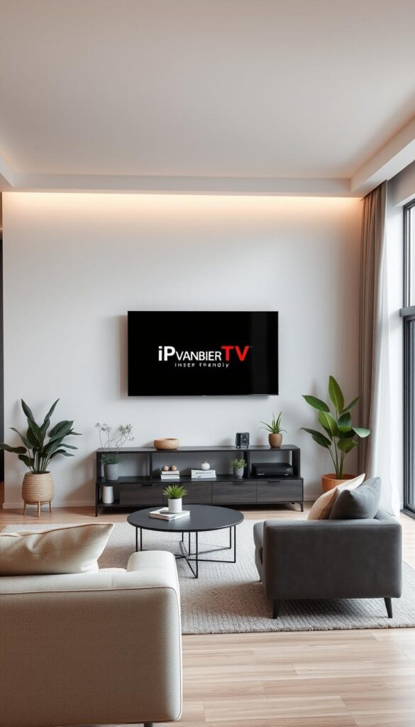 A sleek, modern living room with a large flatscreen TV mounted on the wall. The TV displays the IPTVANBIETERTV logo, showcasing its flexible and user-friendly interface. Soft, diffused lighting illuminates the space, creating a cozy and inviting atmosphere. In the foreground, a comfortable sofa and a minimalist coffee table suggest a relaxed, media-centric setting. The middle ground features potted plants and various home decor elements, adding a touch of warmth and personality. The background reveals large windows, allowing natural light to filter in and create a sense of openness and connectivity with the outside world. The overall scene conveys the flexibility and convenience of IPTV, blending seamlessly with the contemporary home environment.