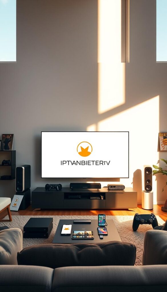 A sleek, modern living room with a large flatscreen TV taking center stage. The TV displays the IPTVANBIETERTV logo, surrounded by various smart devices like smartphones, tablets, and gaming consoles, all seamlessly connected and in use. The room is bathed in warm, soft lighting, creating a cozy and inviting atmosphere. The walls feature clean, minimalist decor, reflecting the contemporary, tech-savvy vibe. Sunlight streams in through large windows, further brightening the space and highlighting the harmony between the devices. The scene conveys the idea of a versatile, multi-device entertainment system that caters to the needs of a tech-savvy household.