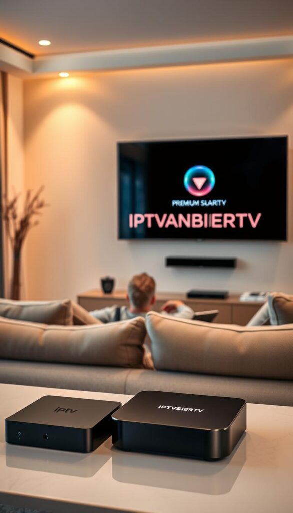 A sleek, modern living room with a large, high-definition flat-screen TV mounted on the wall. The TV displays the IPTVANBIETERTV brand logo, showcasing its premium IPTV streaming services. The room is bathed in warm, ambient lighting, creating a cozy and inviting atmosphere. In the foreground, a variety of modern, minimalist streaming devices, such as a smart TV box and a tablet, are neatly arranged, emphasizing the versatility and compatibility of the IPTV solutions. The middle ground features a comfortable, plush sofa where a person is relaxed, enjoying the seamless, low-latency streaming experience. The background blends with the room's neutral color palette, creating a sense of harmony and sophistication.