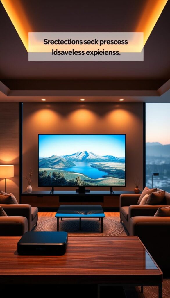 A sleek, modern living room with a large, high-definition television displaying a clear, uninterrupted IPTV feed. The room is bathed in warm, indirect lighting, creating a cozy and relaxing atmosphere. In the foreground, a premium IPTVANBIETERTV set-top box sits on a minimalist, wood-and-glass media console. The mid-ground features comfortable, plush seating arrangements positioned for optimal viewing. The background showcases large windows overlooking a serene, picturesque landscape, further enhancing the sense of tranquility. The overall scene conveys the effortless enjoyment of IPTV without any buffering or interruptions, reflecting the seamless experience promised in the article's section title.