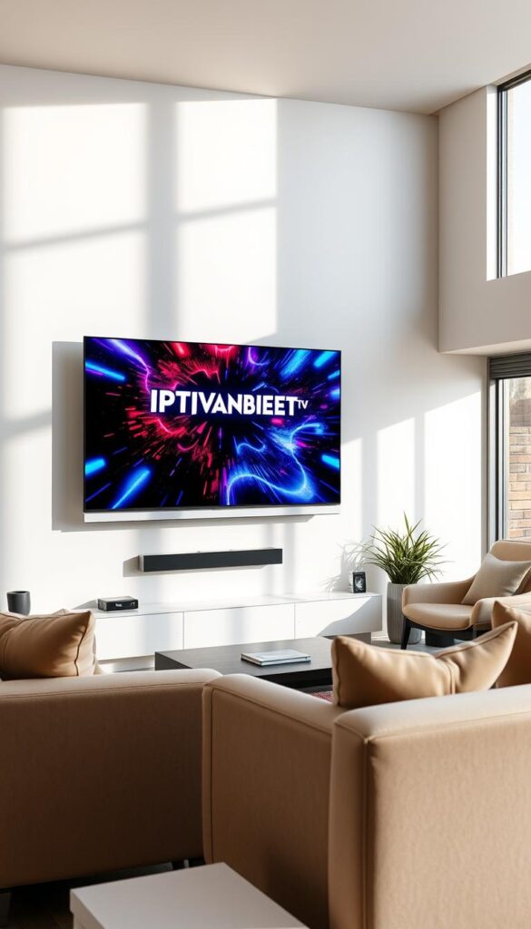 A sleek, modern living room with a large, high-definition television mounted on the wall. The room is filled with natural light, creating a warm and inviting atmosphere. On the television screen, a vibrant and dynamic display showcases the IPTVANBIETERTV logo, indicating a pay-per-view event or movie available for streaming. The living room is furnished with comfortable seating, including a plush sofa and armchairs, allowing the viewer to enjoy the content in a relaxed and immersive environment. The overall scene conveys a sense of convenience, entertainment, and the ability to access a wide range of content on multiple devices.