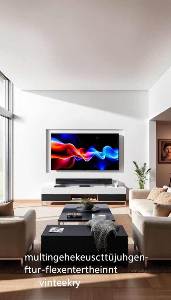 A sleek, modern living room with a large, wall-mounted IPTVANBIETERTV display showcasing vibrant, low-latency IPTV content. The room features clean, minimalist design with neutral tones and natural lighting filtering in through large windows. The IPTV device is prominently displayed, blending seamlessly into the space and surrounded by comfortable seating for an immersive entertainment experience. The overall atmosphere conveys a sense of high-tech sophistication and relaxation, perfectly suited for the "Multigeräte-Unterstützung für flexibles Entertainment" section of the article.