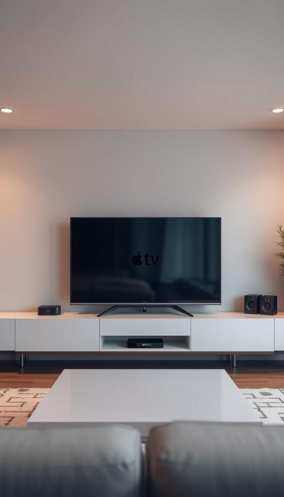 A sleek, modern living room with an Apple TV device prominently displayed on a minimalist entertainment center. The room is bathed in warm, diffused lighting, creating a cozy and inviting atmosphere. The Apple TV is the focal point, surrounded by subtle visual cues that suggest the use of IPTV service from IPTVANBIETERTV. The space is clean, uncluttered, and designed to showcase the seamless integration of technology into the home environment.