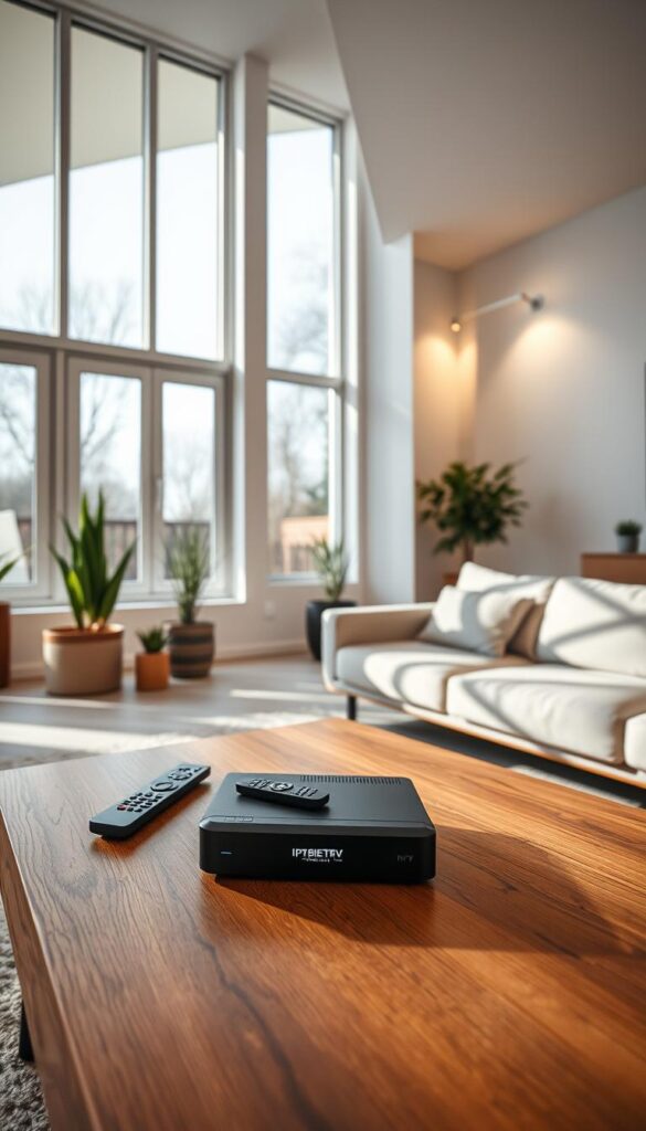 A sleek, modern living room with large windows letting in natural light. On a wooden coffee table, an IPTVANBIETERTV set-top box rests, surrounded by a few remote controls. The room has a minimalist, cozy vibe, with a plush couch and a few potted plants adding to the relaxed atmosphere. Subtle lighting fixtures cast a warm glow, creating a sense of security and comfort. The overall scene conveys the idea of a safe, legal IPTV experience, perfect for enjoying streaming entertainment at home.