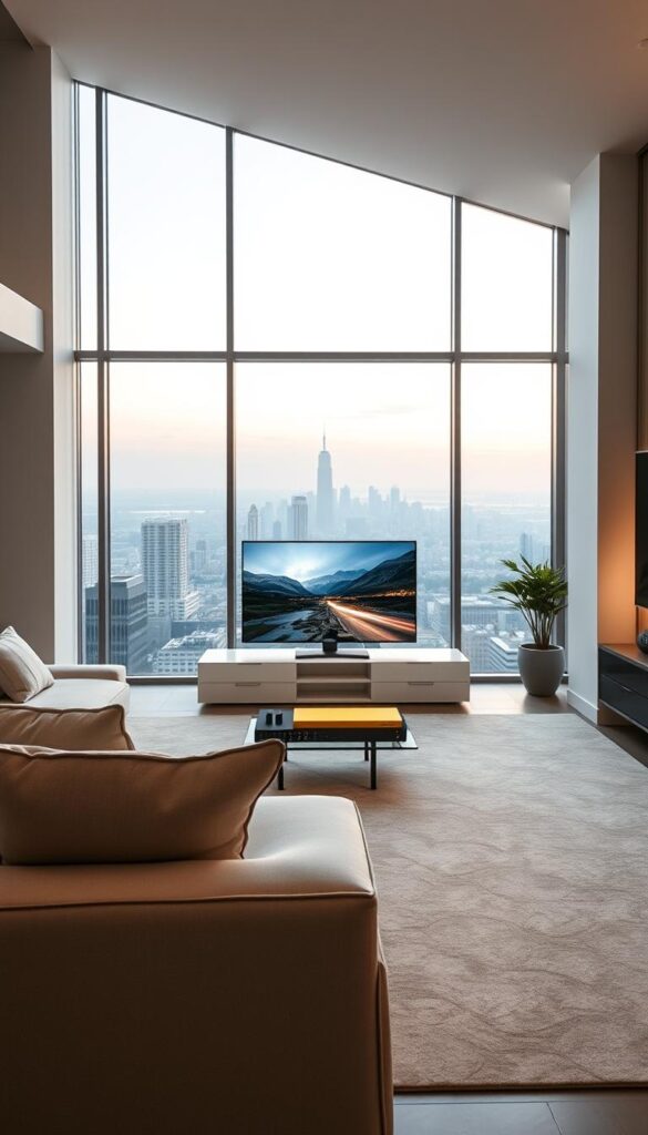 A sleek, modern living room with minimalist decor and large windows overlooking a scenic cityscape. In the center, a high-tech IPTVANBIETERTV media center glows softly, its clean lines and intuitive interface showcasing the power and convenience of IPTV technology. Soft, diffused lighting illuminates the room, creating a warm, inviting atmosphere. The camera angle is slightly elevated, providing a comprehensive view of the space and highlighting the prominence of the IPTV system. The overall scene conveys the seamless integration of IPTV into the modern home, reflecting its growing popularity and accessibility.