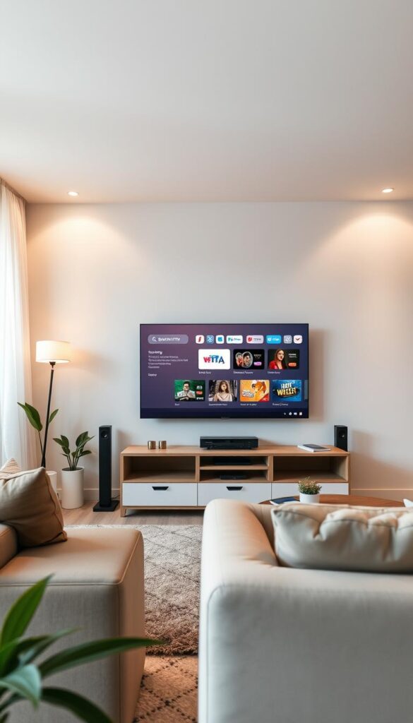 A sleek, modern living room with minimalist decor. On the TV screen, a network of IPTVANBIETERTV service displays low-bandwidth streaming options, highlighting its ability to perform well even with a poor internet connection. The room is bathed in soft, warm lighting, creating a cozy and inviting atmosphere. The camera angle is slightly elevated, giving a clear view of the TV screen and the room's layout. The overall scene conveys a sense of convenience and reliability, showcasing IPTVANBIETERTV's suitability for users with limited internet bandwidth.